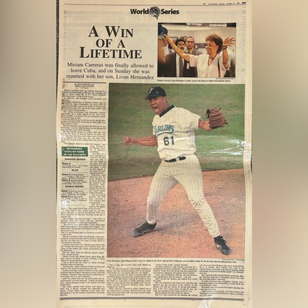 Sun Sentinel October 27,1997 Livan Hernandez  World Series champions